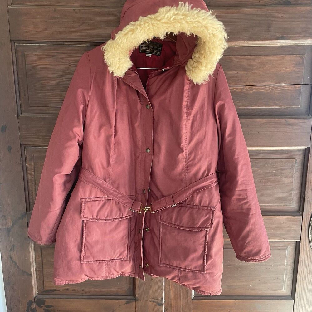 VTG Eddie Bauer womens Coat Fur Lined Hood Size Large Maroon/Burgundy